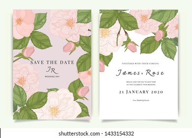 Wedding Invitation, floral invite thank you, rsvp modern card Design in Sweet pink Rose with leaf greenery  branches decorative Vector elegant rustic template