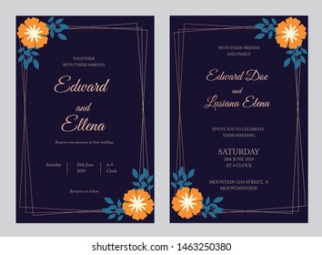 Wedding Invitation, floral invite thank you, rsvp modern card Design  with navy blue branches, decorative Vector elegant rustic template