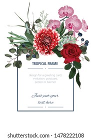 Wedding Invitation, floral invite thank you, rsvp modern card Design in pink orchid, dahlia and roses flowers and herbs decorative.
