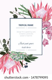 Wedding Invitation, floral invite thank you, rsvp modern card Design in pink orchid and protea flowers and herbs decorative.
