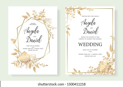 Wedding invitation, floral invite thank you. Label card vector floral design. Golden foil print pattern of forest leaves, palm, fern fronds, eucalyptus branches. Vector elegant template