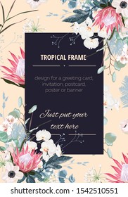 Wedding Invitation, floral invite thank you, rsvp modern card Design with pink protea flowers, succulent and herbs decorative.