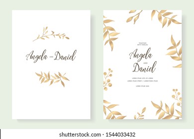 Wedding invitation, floral invite thank you. Label card vector floral design. Golden foil print pattern of forest leaves, palm, fern fronds, eucalyptus branches. Vector elegant template