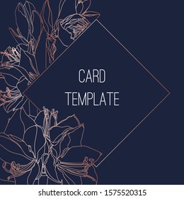 Wedding Invitation, floral invite thank you, rsvp modern card Design in metallic amarilis lilies flowers with navy blue decorative. Elegant rustic template.