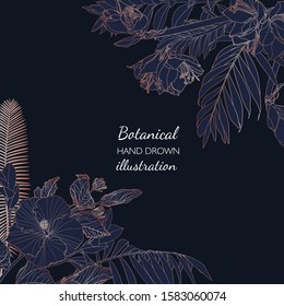 Wedding Invitation, floral invite thank you, rsvp modern card Design in metallic amarilis flowers and palm leaves with navy blue decorative. Elegant rustic template.