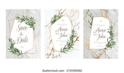 Wedding Invitation, floral invite thank you, rsvp modern card Design: cute greenery herbal decoration on the marble backgrounds with a golden geometric frame. Marble Wedding invitation.