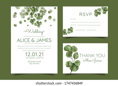 Wedding Invitation, floral invite thank you, rsvp modern card Design green tropical eucalyptus leaf. Vector