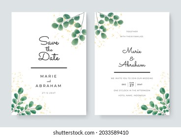 Wedding Invitation, floral invite thank you, rsvp modern card Design in golden rose leaf greenery branches decorative Vector elegant rustic template