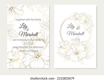 Wedding Invitation, floral invite thank you, rsvp modern card Gold lily hibiscus flower branches decorative. Vector elegant rustic template