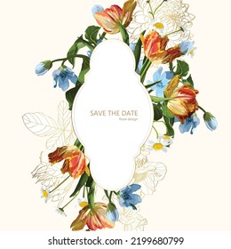 Wedding Invitation, floral invite thank you, rsvp modern card Design with orange tulip, oxypetalum and golden line flowers and herbs decorative. Greeting card.