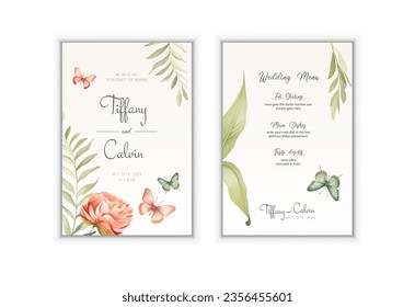 Wedding Invitation, floral invite thank you, rsvp modern card Design: green tropical palm leaf greenery eucalyptus branches decorative wreath  frame pattern. Vector elegant watercolor rustic template