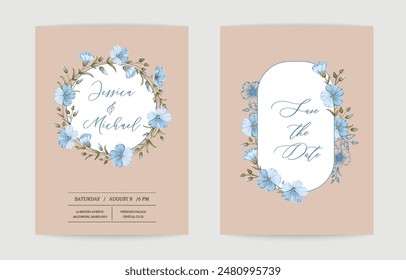 Wedding invitation. Floral linen hand-drawn illustration.