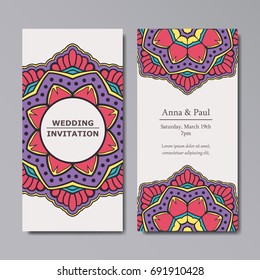 Wedding invitation with floral mandala background and flat color style
