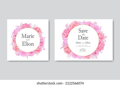 Wedding invitation with floral ornament and gold frame