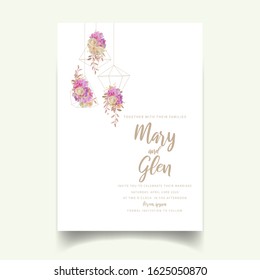 Wedding invitation with floral pink hydrangea and rose flowers

