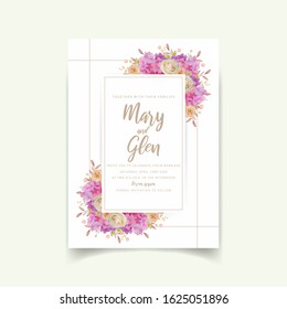 Wedding invitation with floral pink hydrangea and rose flowers
