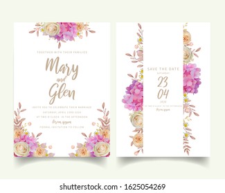 Wedding invitation with floral pink hydrangea and rose flowers
