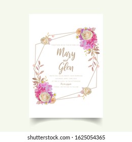 Wedding invitation with floral pink hydrangea and rose flowers
