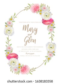 Wedding invitation with floral pink ranunculus and rose flowers