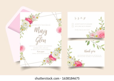 Wedding invitation with floral pink ranunculus and rose flowers