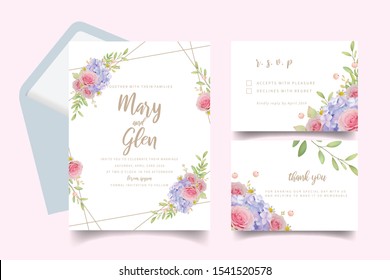 Wedding invitation with floral pink roses and hydrangea