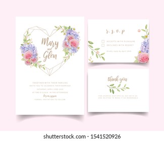 Wedding invitation with floral pink roses and hydrangea