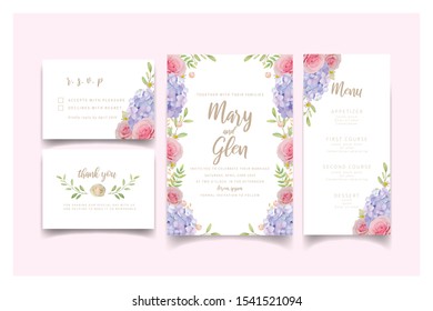 Wedding invitation with floral pink roses and hydrangea