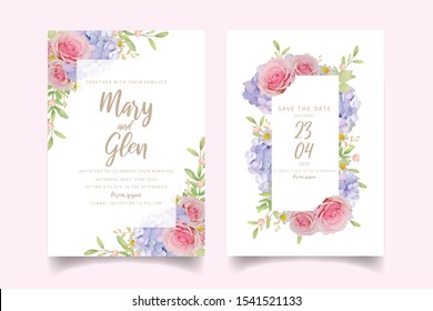 Wedding invitation with floral pink roses and hydrangea