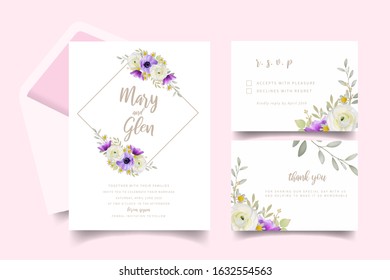 Wedding invitation with floral ranunculus and anemone flowers