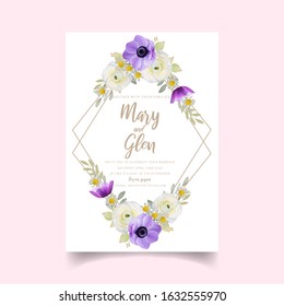 Wedding invitation with floral ranunculus and anemone flowers