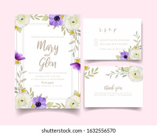 Wedding invitation with floral ranunculus and anemone flowers