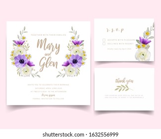 Wedding invitation with floral ranunculus and anemone flowers