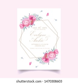 wedding invitation with floral ranunculus and poppy flowers