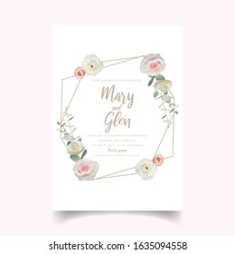 Wedding invitation with floral ranunculus and rose flowers