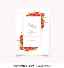 Wedding invitation with floral red poppy flowers
