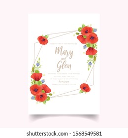 Wedding invitation with floral red poppy flowers
