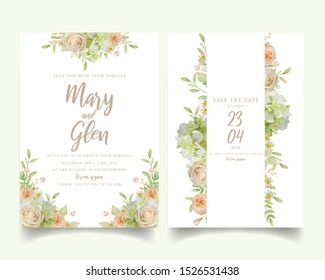 Wedding invitation with floral roses and hydrangea
