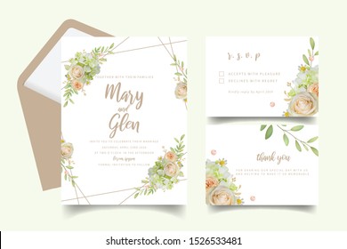 Wedding invitation with floral roses and hydrangea
