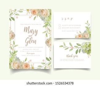 Wedding invitation with floral roses and hydrangea
