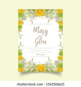 Wedding invitation with floral roses and hydrangea
