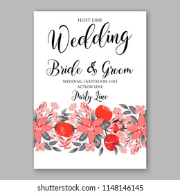 Wedding Invitation, floral template card Design Peach red garden Rose, Peony, Anemone eucalyptus, green leaves, greenery  Vector cute copy space