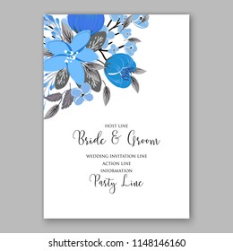 Wedding Invitation, floral template card Design Peach blue garden Rose, Peony, Anemone eucalyptus, green leaves, greenery  Vector cute copy space