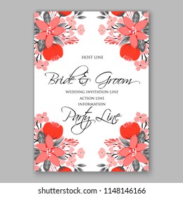 Wedding Invitation, floral template card Design Peach red garden Rose, Peony, Anemone eucalyptus, green leaves, greenery  Vector cute copy space