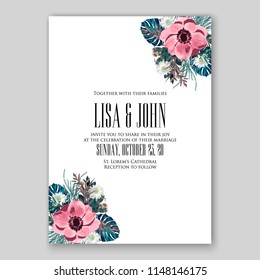 Wedding Invitation, floral template card Design Peach pink garden Rose, Peony, Anemone eucalyptus, green leaves, greenery  Vector cute copy space