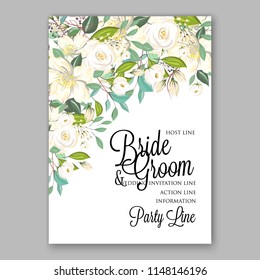 Wedding Invitation, floral template card Design Peach white garden Rose, Peony, Anemone eucalyptus, green leaves, greenery  Vector cute copy space