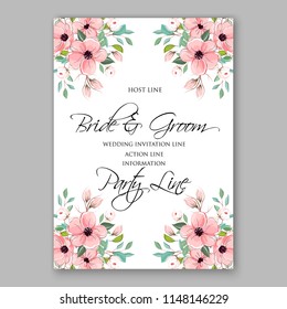 Wedding Invitation, floral template card Design Peach pink garden Rose, Peony, Anemone eucalyptus, green leaves, greenery  Vector cute copy space