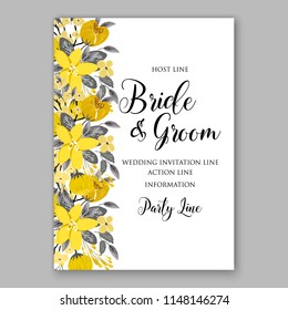 Wedding Invitation, floral template card Design Peach yellow sunflower Anemone eucalyptus, green leaves, greenery  Vector cute copy space