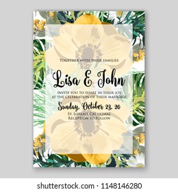 Wedding Invitation, Floral Template Card Design Peach Yellow Sunflower Anemone Eucalyptus, Green Leaves, Greenery  Vector Cute Copy Space