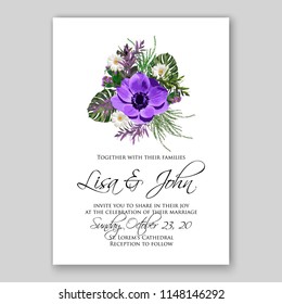 Wedding Invitation, floral template card Design violet Peony, Anemone eucalyptus, green leaves, greenery  Vector cute copy space