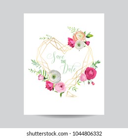 Wedding Invitation Floral Template. Save the Date Heart Frame with Place for your Text and Pink Flowers. Greeting Card, Poster, Banner. Vector illustration